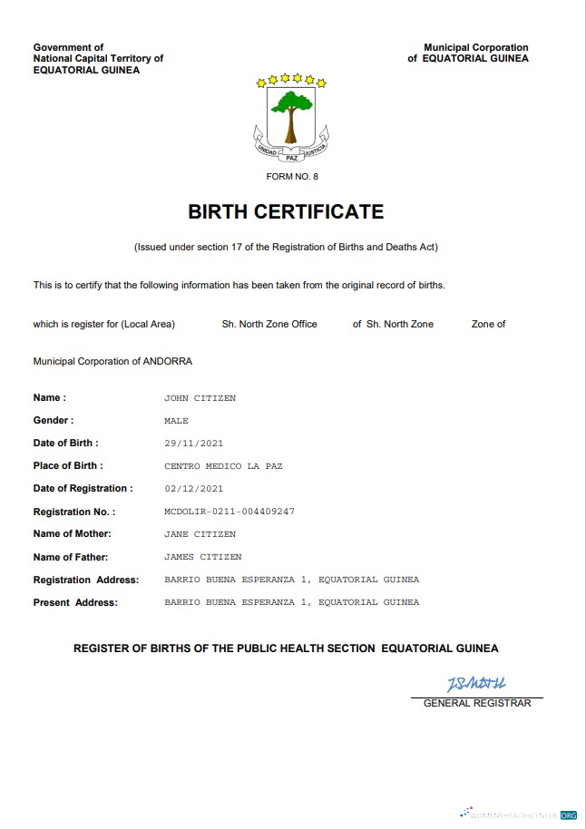 Download Equatorial Guinea birth certificate Word and PDF template Photoshop template